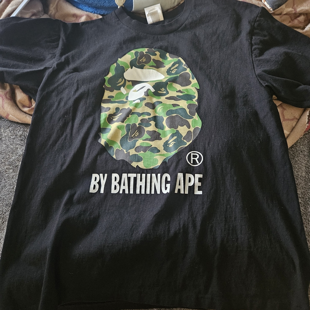 BAPE By Bathing Ape Black Short Sleeve Logo Tee - Green Camo Ape
